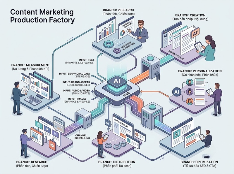 AI Content Marketing hỗ trợ nghiên cứu, sản xuất và tối ưu nội dung