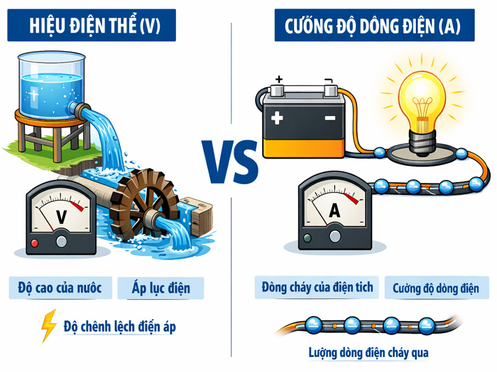 Hiệu điện thế và cường độ dòng điện là gì? khác nhau thế nào