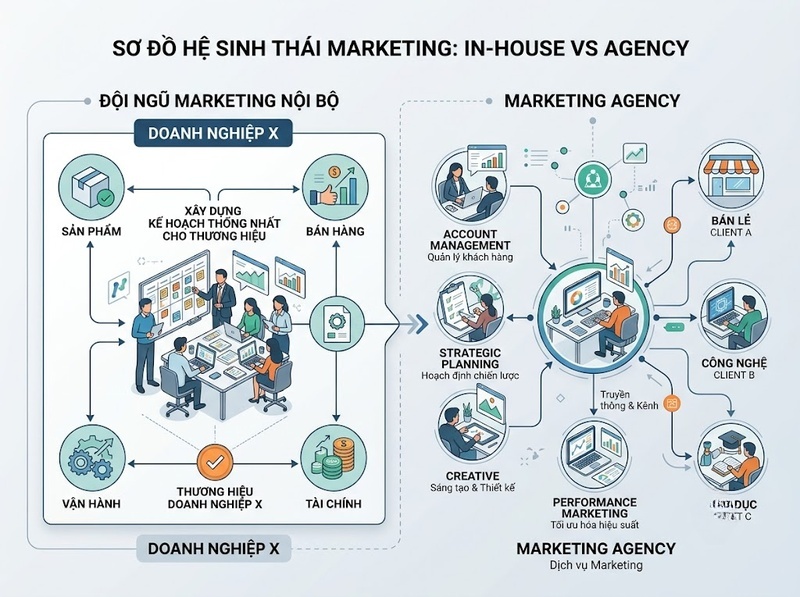 In-house và agency Marketing khác nhau về vai trò, tốc độ và trải nghiệm