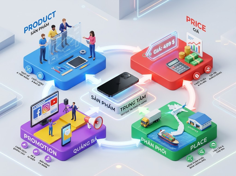 Marketing Mix 4P kết hợp sản phẩm, giá, phân phối và xúc tiến