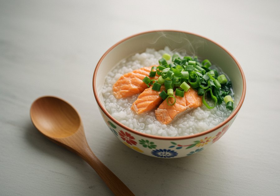 cháo cá hồi nấu với rau gì ngon